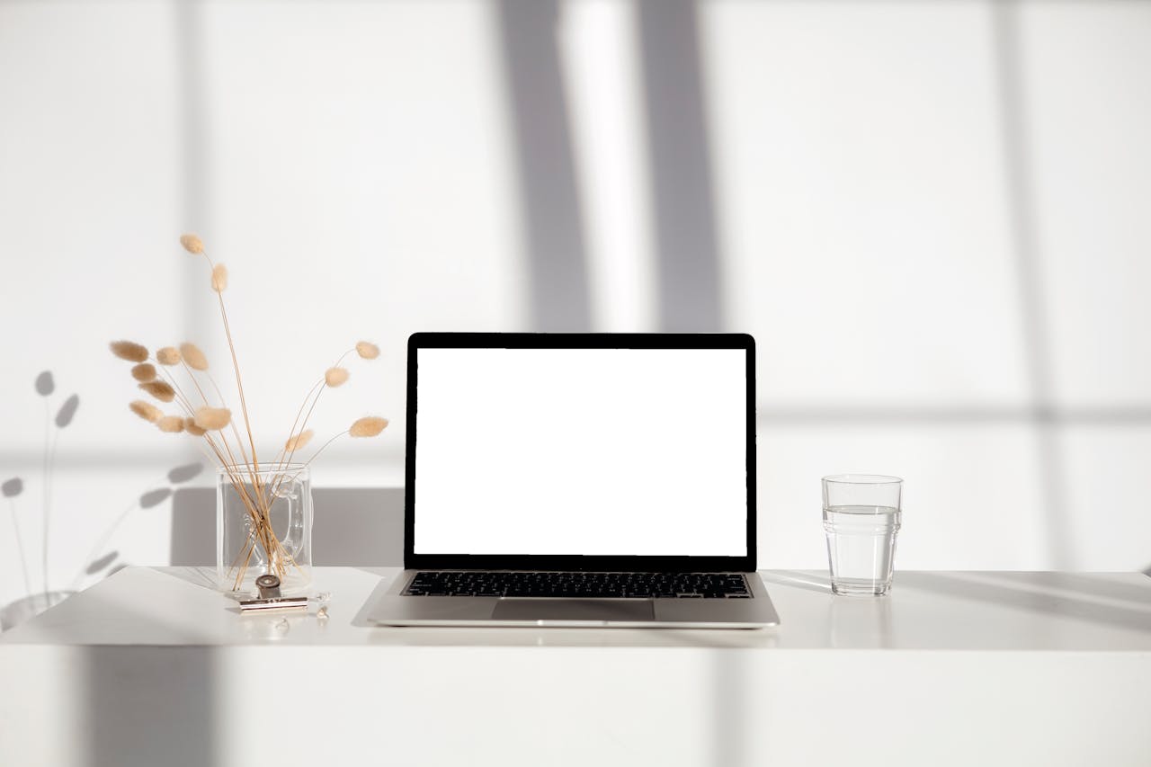 Elegant minimalist workspace featuring a laptop, glass vase with dry plants, and glass of water on a white desk.